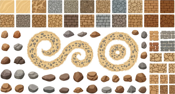 Game asset collection featuring seamless ground textures individual rocks and curved paths for environment design in vector illustration style