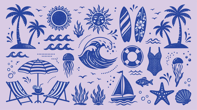 Summer vacation icon collection in flat blue retro textures, featuring palm trees, surfing, sea life, travel, and leisure.