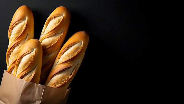 Freshly Baked Baguettes in a Paper Bag on Black Background Culinary Still Life Food Photography