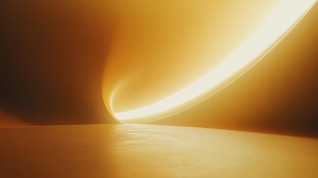 Minimalist glowing passageway with smooth golden textures and a bright curved beam of light creating a futuristic and immersive architectural atmosphere