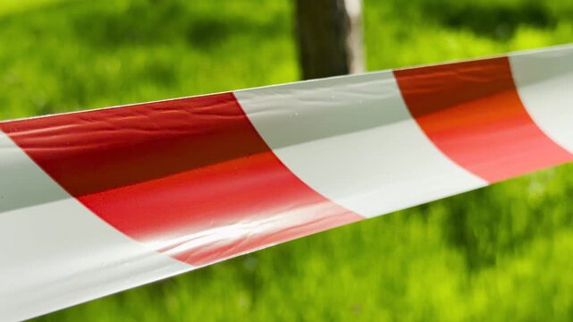 A diagonal barrier tape cuts across a lush green background. The bold colors evoke a feeling of sudden interruption and cautious alert in nature. Soft sunlight makes the grass glow behind the plastic.