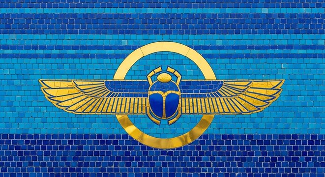 Ancient Egyptian winged scarab beetle mosaic symbol in blue and gold