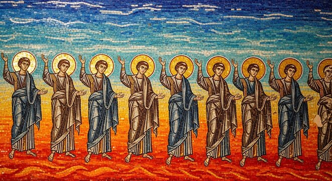 Ancient mosaic of nine saints with halos and raised hands