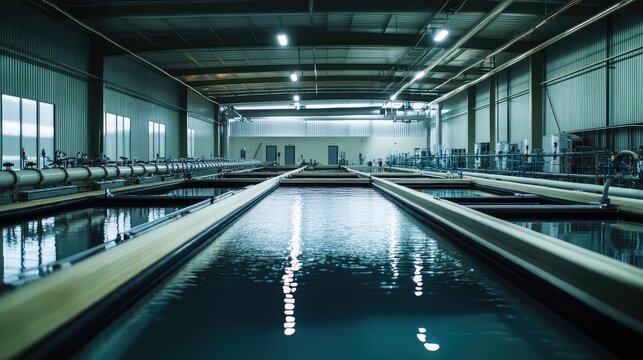 Indoor aquaculture facility operating large industrial water tanks for sustainable fish farming, emphasizing high tech food production and environmental responsibility