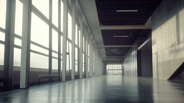 Modern architectural design forming an empty office building interior, featuring a long corridor with large glass windows and concrete walls creating a bright, minimalist space