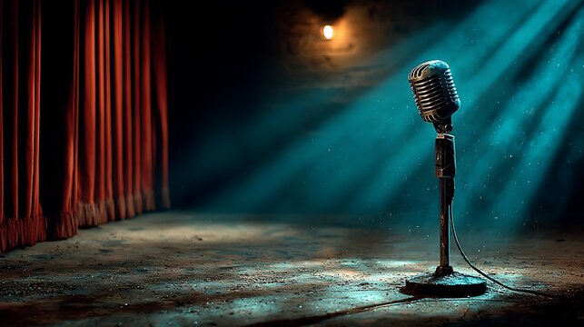 Retro microphone standing alone on dark stage with soft spotlight wallpapers