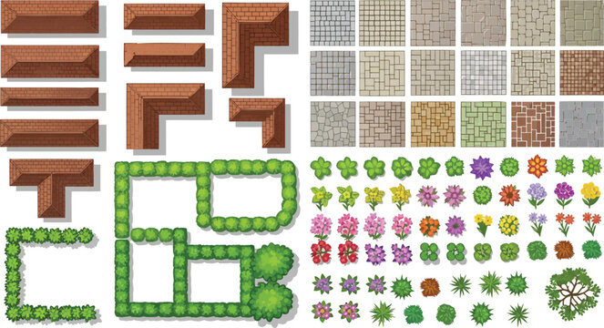 Top down landscape design assets with roof tiles stone pavements green hedges and colorful flowers for map creation vector illustration