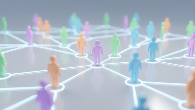 Colorful human figures connected by glowing lines. Conceptual abstract representation of global network, social media and interpersonal communication. Digital connection structure.