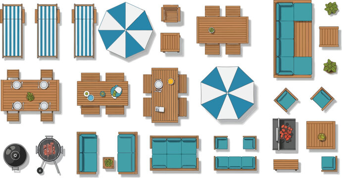 Top view outdoor furniture collection featuring wooden tables chairs umbrellas and sofas for garden patio landscape design vector illustration.