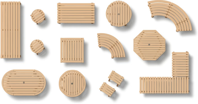 Wooden outdoor furniture set top view plan for landscape architecture garden design and site planning vector illustration
