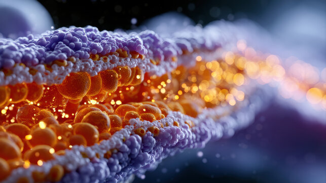 Futuristic cell cross section glowing mitochondria bioluminescent abstract biology cell membrane molecular structure orange sphere purple membrane science illustration Futuristic cell cross