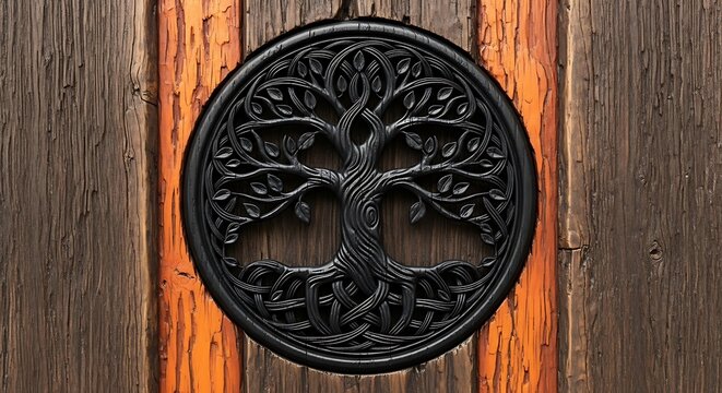 Black Celtic Tree of Life emblem on rustic wooden door