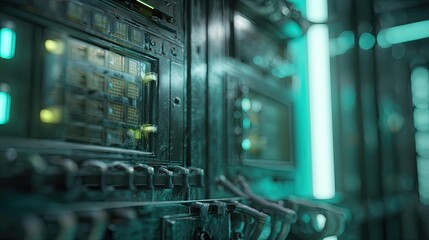 Fototapeta premium Abstract close up on a futuristic data server unit with glowing teal lights and complex circuitry, processing information in a high tech machine environment