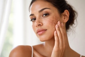 Naklejka premium A close-up of a woman with brown acne scars gently touching her cheek, showcasing natural beauty and skin texture in soft natural light.