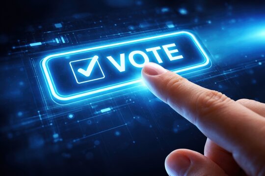A finger is about to press a glowing digital button labeled "VOTE" with a checkmark, symbolizing online or electronic voting.