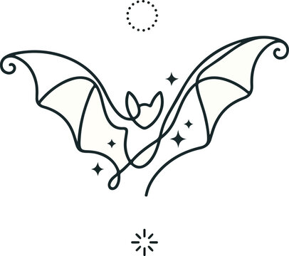 Minimalist single-line art illustration of a bat with spread wings, featuring celestial stars and mystical circular symbols, isolated on a white background.