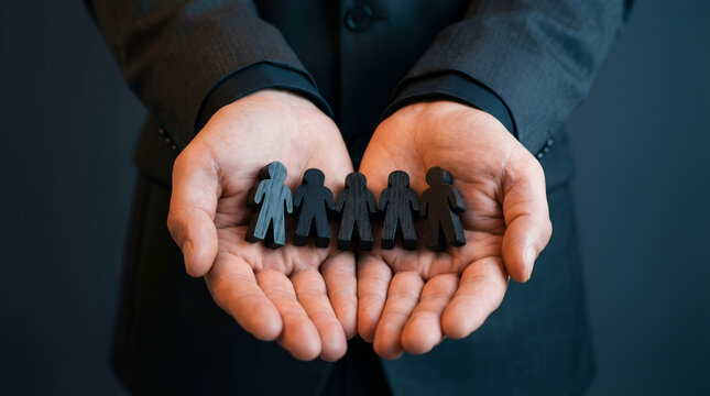 Businessman holding black wooden human figures in palms. Concept of human resources, recruitment, talent selection, corporate team management and building successful business organization.