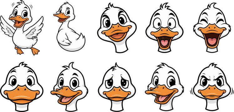 White duck cartoon character collection featuring multiple different emotional faces