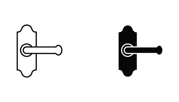 Vintage style door handle lever with decorative backplate in outline and solid silhouette vector