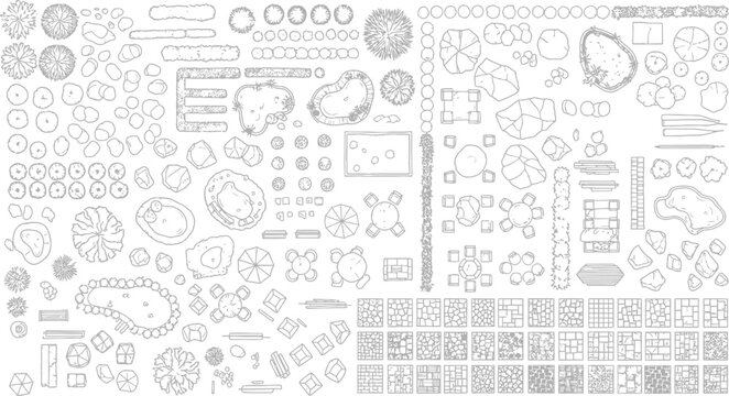 Landscape design symbols and architectural plan elements for garden site planning including trees furniture and paving vector illustration