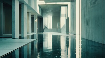 Naklejka premium Modern concrete building interior featuring clean lines, pillars, and a serene water pool reflecting structural elements, creating a calm and contemplative atmosphere