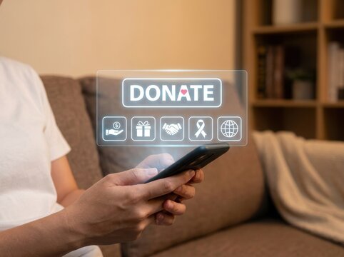 Person using a smartphone to manage charitable giving and humanitarian assistance through a digital interface while sitting in a comfortable living room