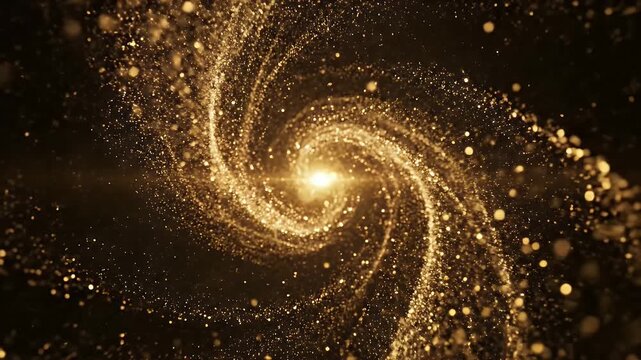 A mesmerizing abstract image showcases a swirling vortex of golden particles against a dark background, evoking a sense of cosmic wonder and luxurious sparkle.