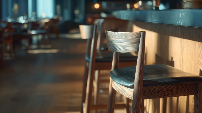 Wooden bar stools with dark leather seats lined at a counter in a modern, elegant restaurant interior, warm ambient lighting creating a cozy, sophisticated dining atmosphere
