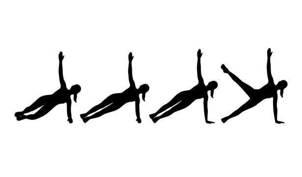 Side plank exercise progression black silhouette vector fitness training sequence