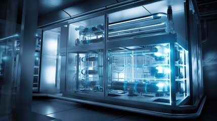 Fototapeta premium Modern clean room featuring advanced industrial machinery, pipelines, and glowing blue lights, creating an atmosphere of technological innovation and scientific research in a high tech facility