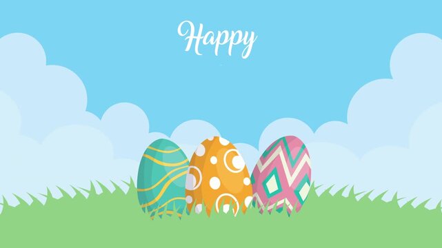 Happy easter day celebration motion graphic with decorated eggs in green field and blue sky clip.