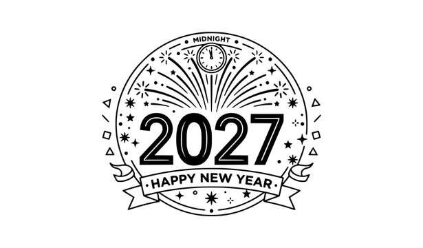 Happy New Year 2027 outline badge vector with clock confetti and ribbon elements editable stroke style