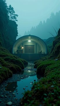 Mystical Underground Bunker Entrance in Misty Forest Setting with Soft Light