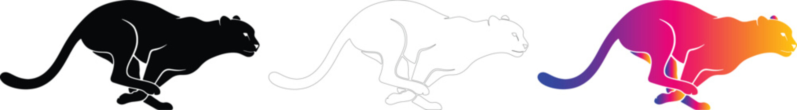 Running cheetah vector logo set with black silhouette outline and gradient design