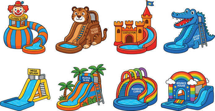 Inflatable Water Slide Vector Set with Clown, Bear, Castle, Crocodile, Tropical, Rainbow, and Multi-Lane Slides for Kids, Party, Playground, and Cartoon Illustrations.