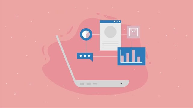 Digital transformation concept showing laptop with data analytics and communication icons.
