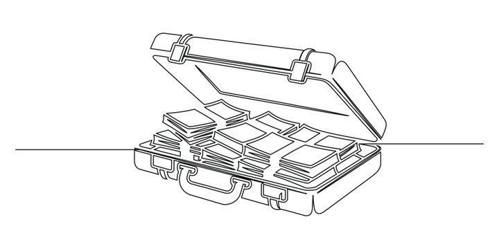 Suitcase with money stacks continuous single line drawing finance business success wealth concept editable stroke vector illustration