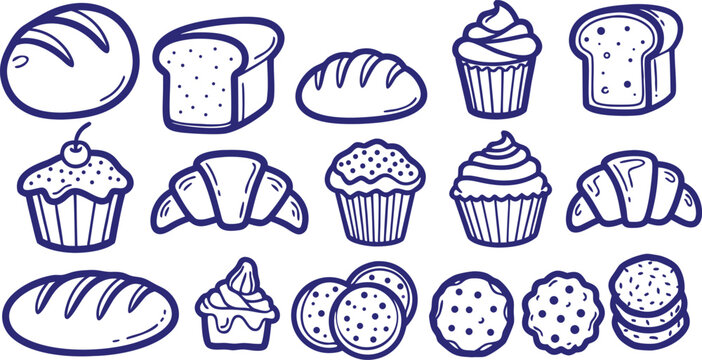 Assorted bakery items including bread rolls muffins cupcakes cookies