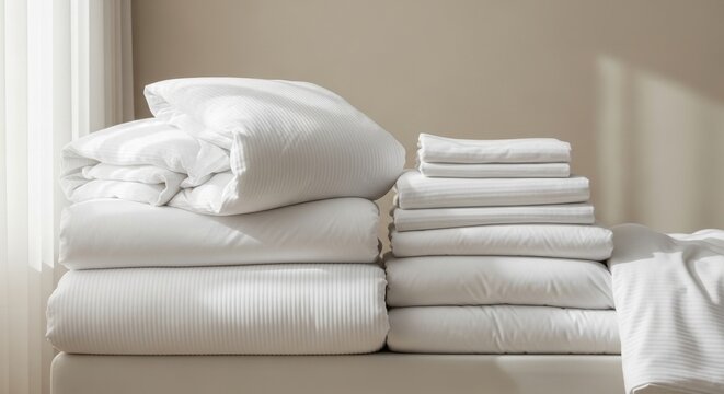 Neatly stacked white cotton bedding ensemble including folded sheets, duvet, and pillowcases presented for comfort and style