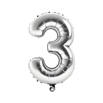 Shiny silver foil balloon shaped like number three, isolated on a transparent background for festive occasions.