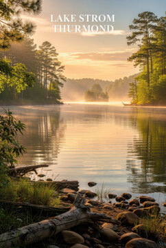 Golden sunlight pierces through the morning fog, casting a warm glow over Lake Strom Thurmond  Georgia&ndash;South Carolina surrounded by ancient trees, evoking a sense of calm and natural beauty