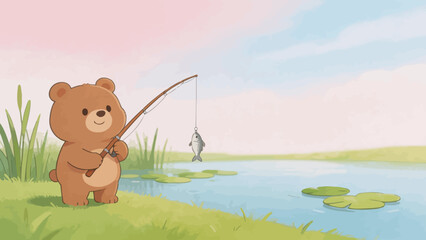 Fototapeta premium Cute bear fishing by pond