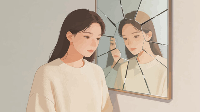Woman standing in front of a broken mirror