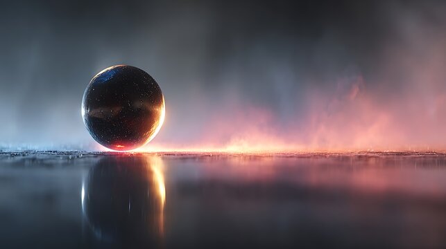 Shiny chrome sphere hovering above reflective liquid surface abstract images