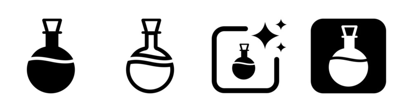 Round bottom flask potion bottle icon representing chemistry lab glassware and fantasy elixir in clean minimal vector illustration
