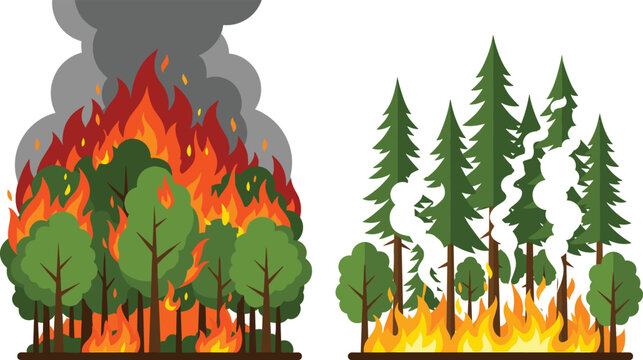 Forest Fire Vector Set with Trees Engulfed in Flames, Smoke Rising, and Fire Spreading for Nature, Disaster, Environmental, and Emergency Illustrations.