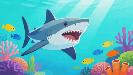 Obraz premium Shark in colorful underwater scene