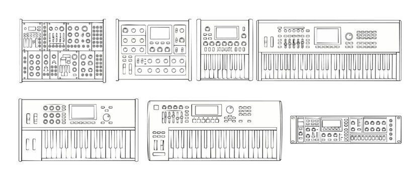 Synthesizer Keyboard Icon Set Collection, Electronic Music Production Equipment, Modular Synth Studio Gear, Professional Audio Hardware, Digital Piano and Sound Mixer Controls, Minimalist Linear Vecto