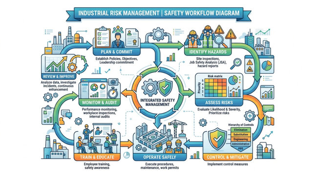 Business Process Management Workflow Diagram with Icons and Charts.