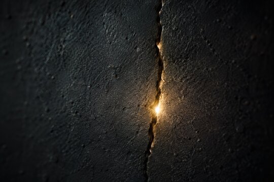 Bright light shining through a fissure in a dark textured wall